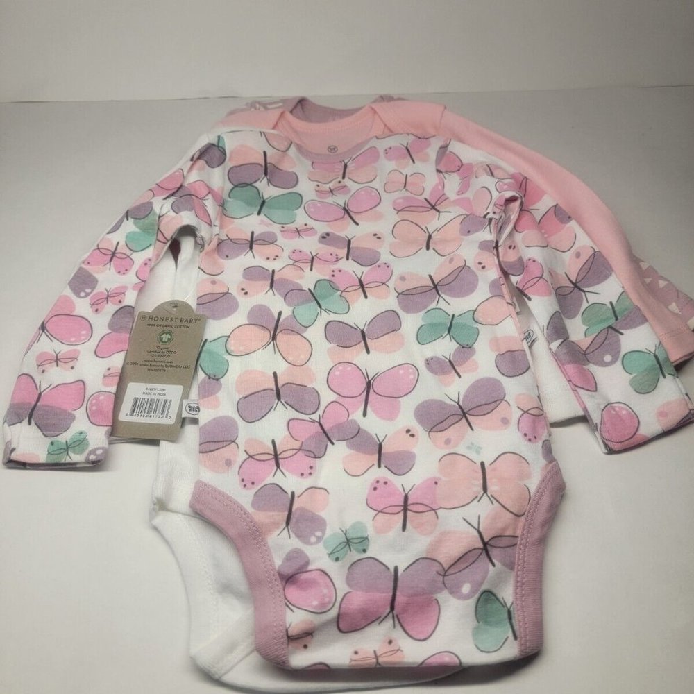 Honest baby long sleeve butterfly body suit 6-9 month girl 4pc set, Nwt 4 pack
